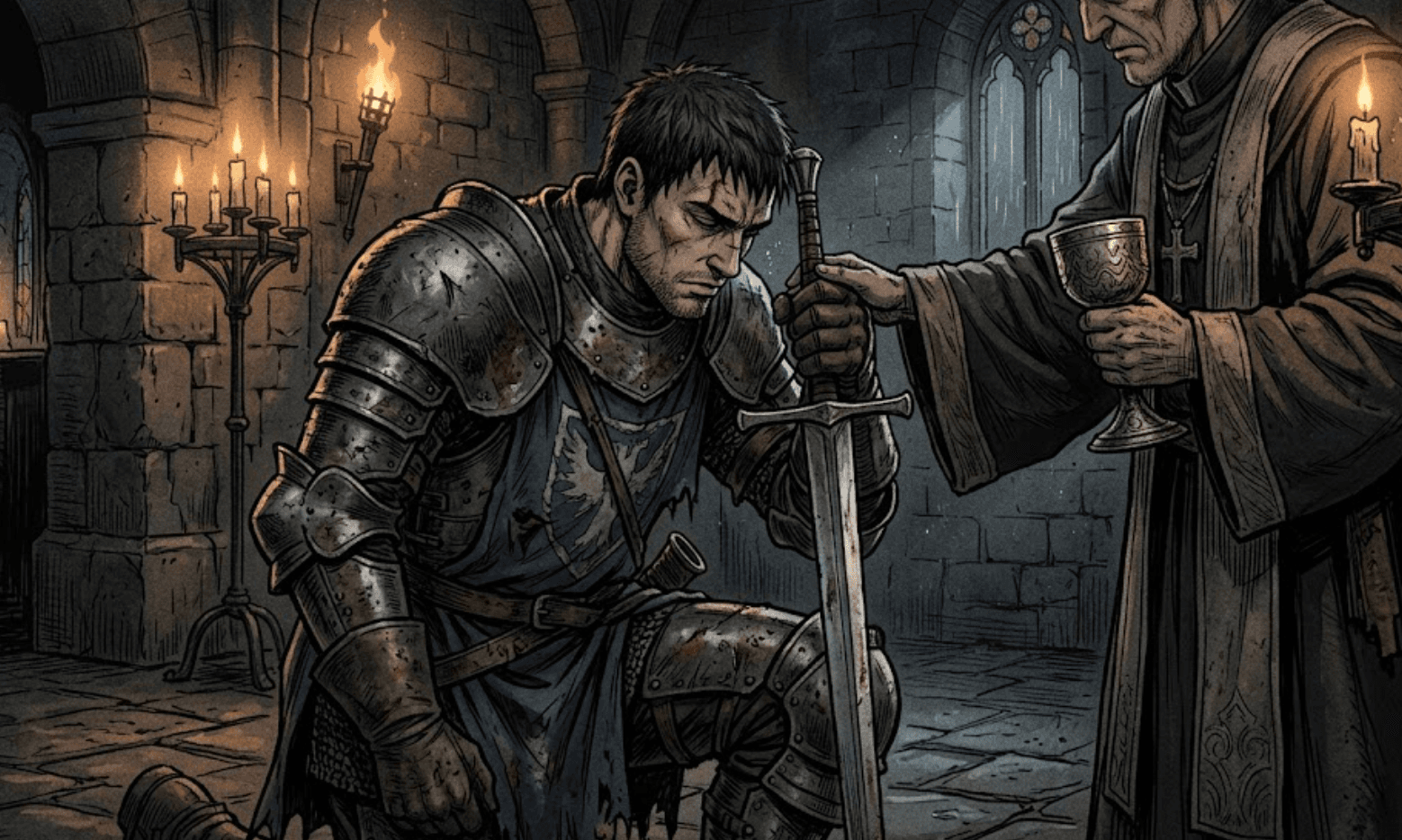 A knight kneels and lays a hand on the hilt of a sword while a robed figure offers a chalice — the act of taking an oath.