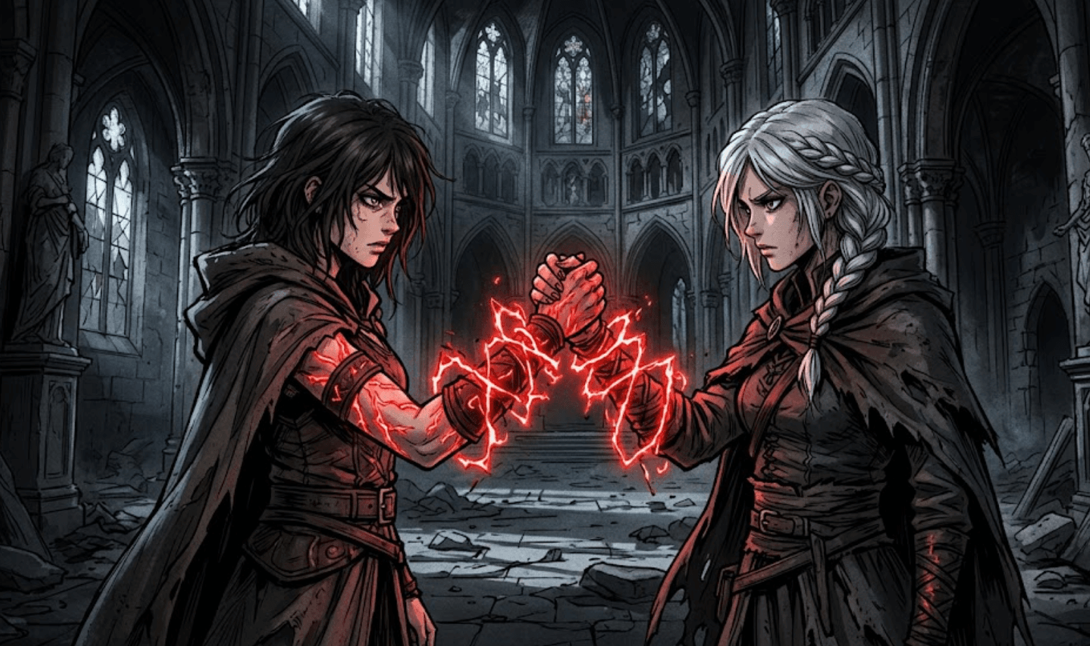 Two mages bind hands within a glowing sigil — a pact between two parties.