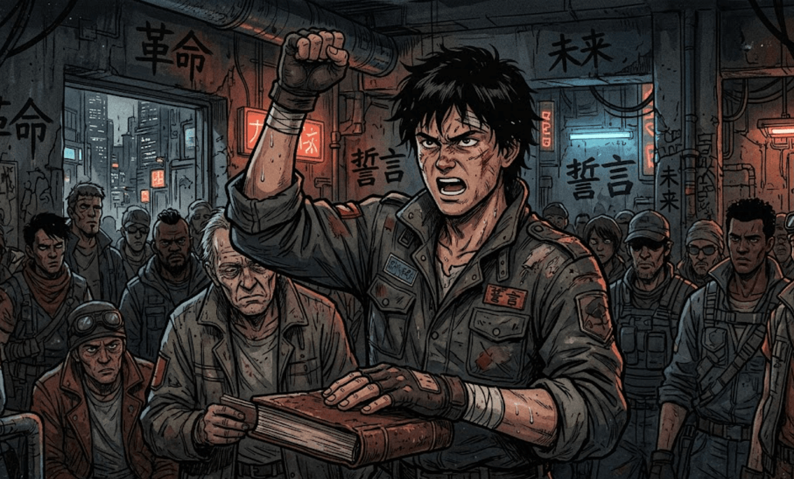 A figure raises a fist over an oath book before a crowd — the collective record, held in common.