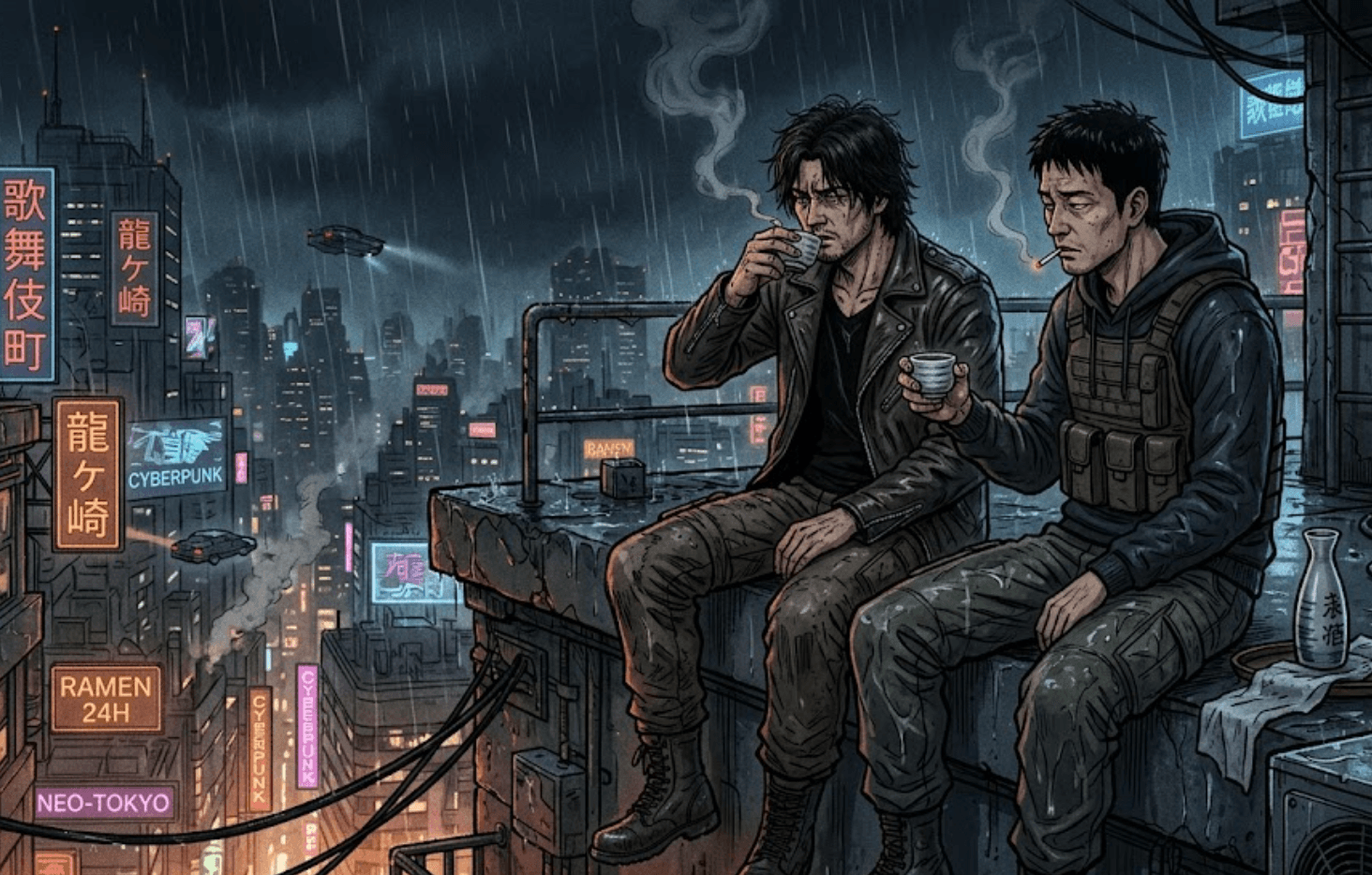 Two figures sit alone on a rooftop above a neon city, sharing a quiet drink — a private confidence.